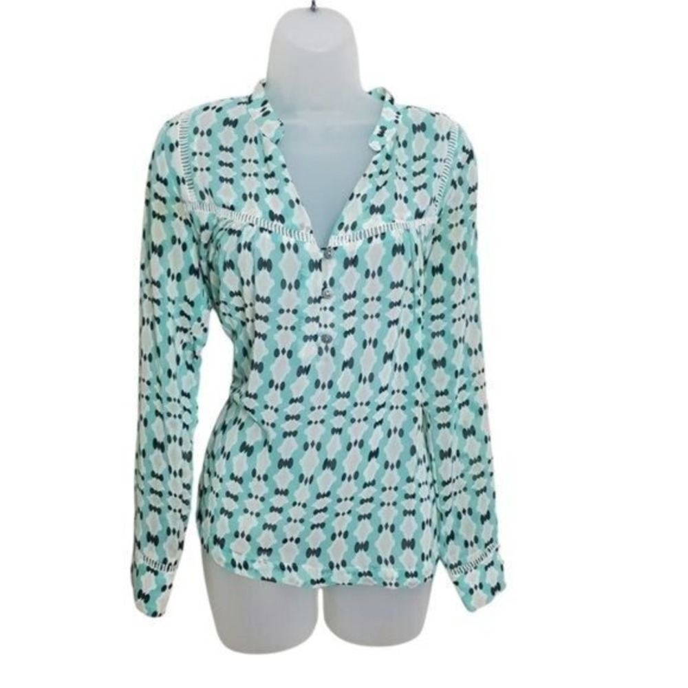 Dolan Women Boho Geometric Ikat Print Split V-Neck Blouse Small Aqua Mint Green